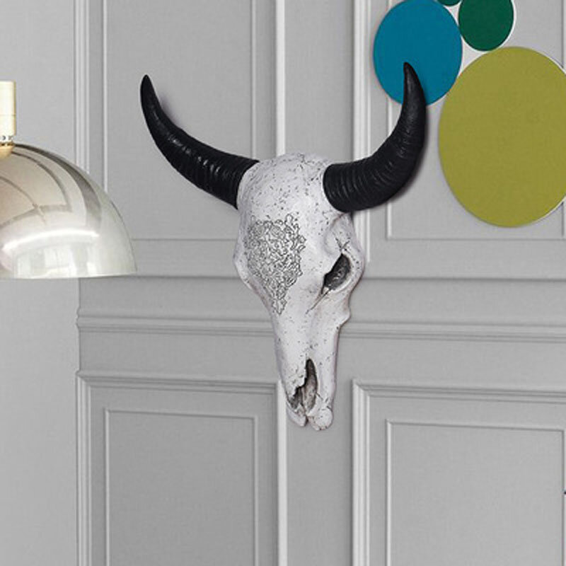 Novo longo chifre cabeça do crânio da vaca parede pendurado decoração 3d animais selvagens resina escultura estatuetas artesanato chifres para casa ornamento