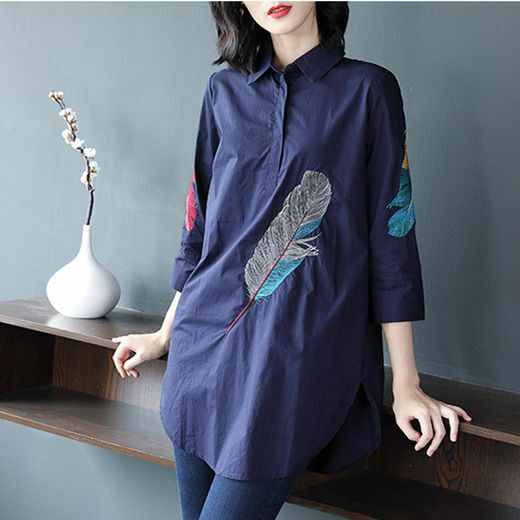 Blusa larga de algodón con manga 100% para mujer, camisa holgada de talla grande con bordado de plumas, con botones, para trabajo y oficina, 3/4