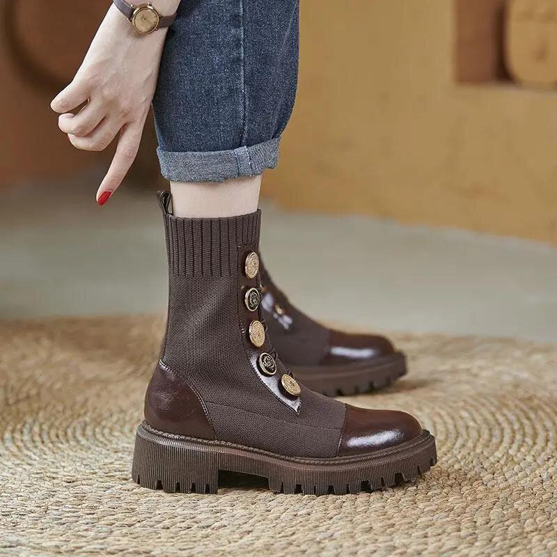 Botas gruesas de punta redonda para mujer, zapatos a la moda, de cuero sólido, informales, color negro, otoño e invierno, 2021