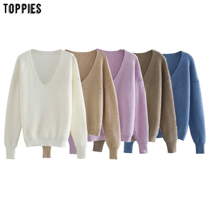 toppies 2021 Fall Woman Sweater sexy loose deep v-neck one shoulder sweater white knitter tops Korean Winter Clothes