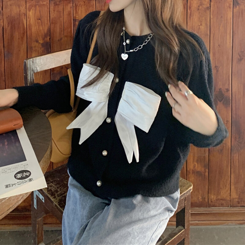 Yitimoky cardigan con fiocco maglioni da donna o-collo lavorato a maglia Casual Beige nero coreano manica lunga abbigliamento nuovo autunno inverno dolce ragazza