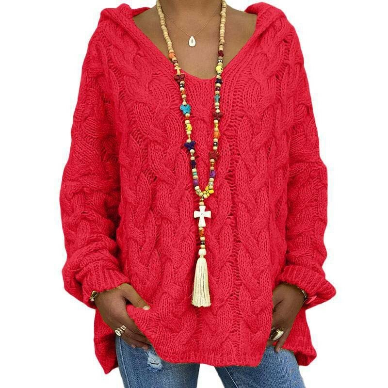 Jersey de manga larga con capucha para mujer, suéter de punto suelto de Color sólido de talla grande, Tops cruzados Vintage para invierno