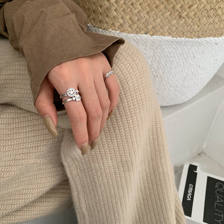 Vintage uśmiechnięta twarz pierścienie dla kobiet dziewczyna Punk Hip Hop otwarcie regulowany pierścień tkania pierścienie komunikat biżuteria prezent