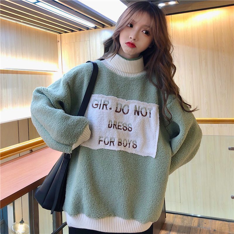 Suéter de lana de cordero para mujer, suéter holgado de cuello alto, versión coreana, tendencia, otoño e invierno, 2021