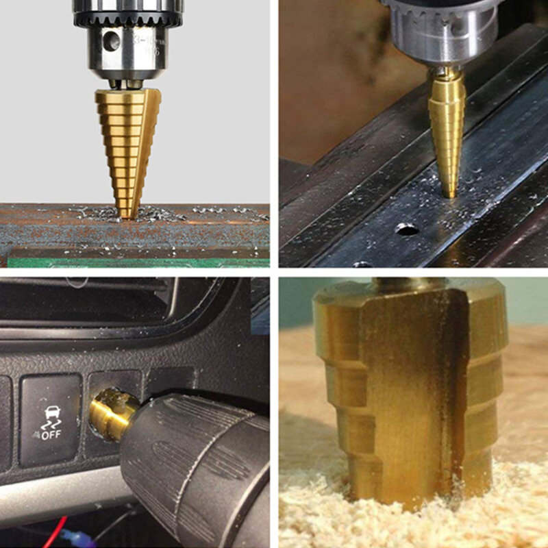 Strumento di perforazione del cono della taglierina del foro di legno del metallo dell'acciaio ad alta velocità rivestito titanio HSS 3-12mm 4-12mm 4-20mm 4-22mm 4-32mm