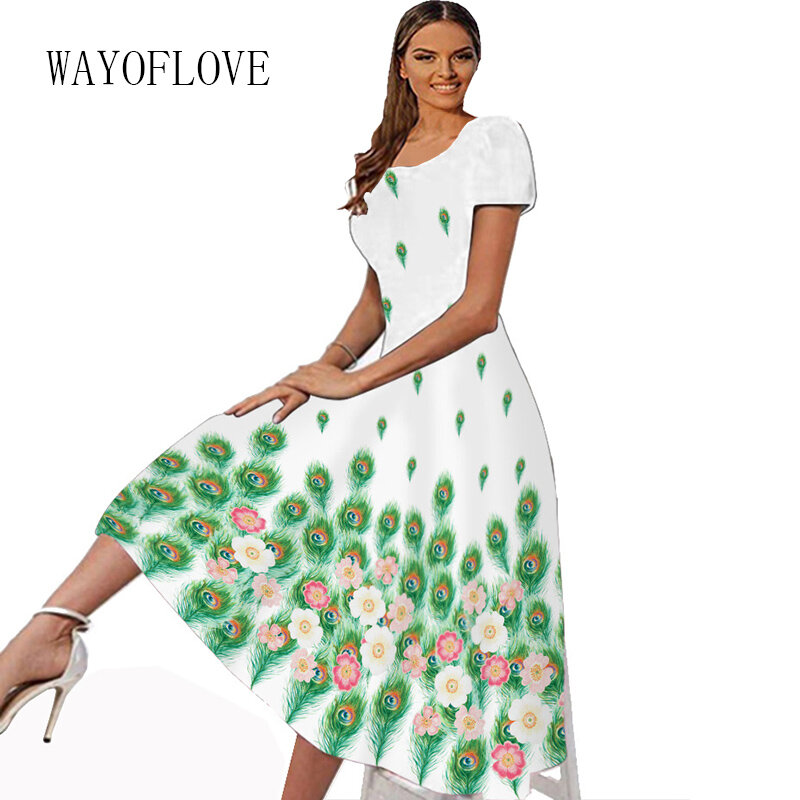 WAYOFLOVE wiosenna letnia biała sukienka damska z krótkim rękawem plażowa swobodna, zielona nadruk z piór sukienka długie sukienki na imprezę elegancka