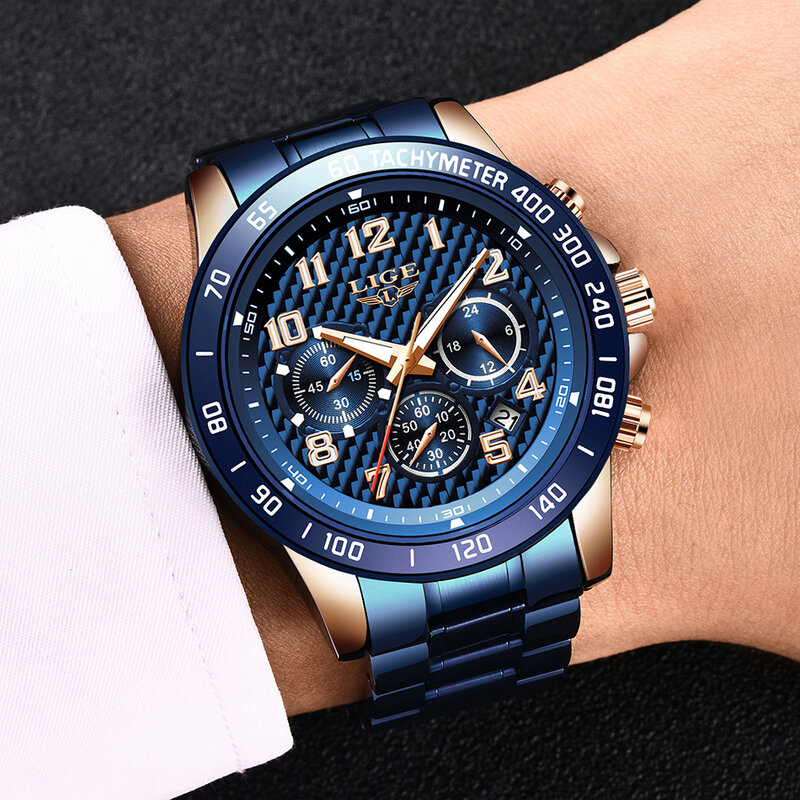 Luik Fashion Blue Volledige Staal Horloges Heren Top Merk Luxe Quartz Mannen Sport Horloge Waterdicht Lichtgevende Chronograaf Reloj Hombre