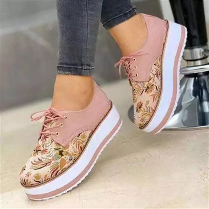 2021 Women Casual Shoes Spring Fashion PU Floral Embroidery Lace-Up Platform Loafers 35-43 Large-Sized Female Comfy Sneakers
