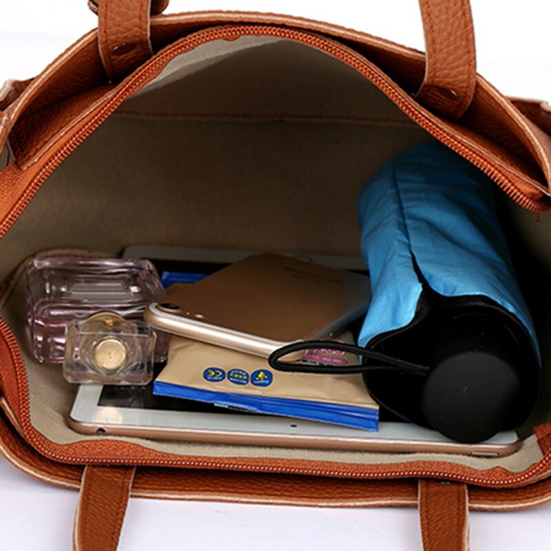 Litchi – sac à main Composite en cuir pour femmes, lot de 4 pièces, sac à bandoulière avec pompon, sacoche Fashion, pochettes, 2022