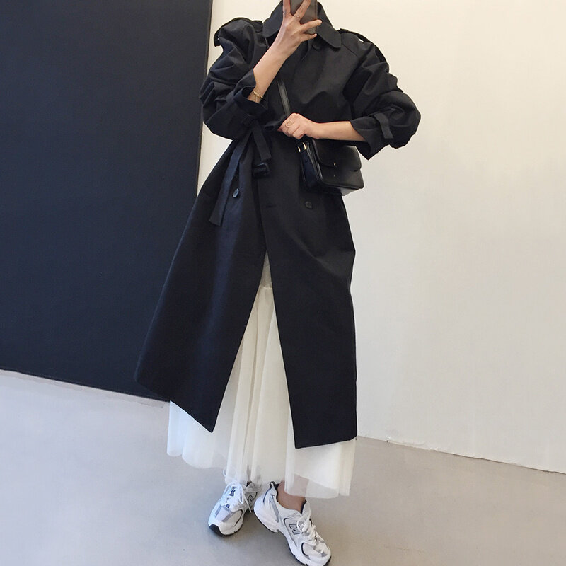 Coreano casaco feminino blusão chique estilo britânico lapela dupla fileira fivela de renda até cintura solta manga longa médio e longo