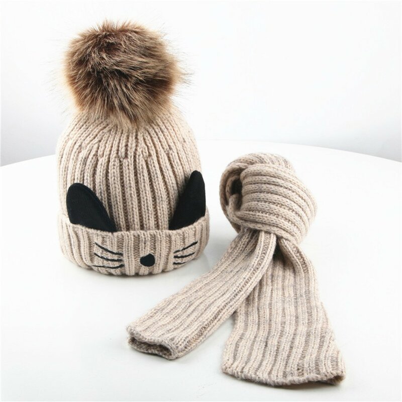 Зимние вязаные теплые шапки с помпоном и искусственным мехом для девочек