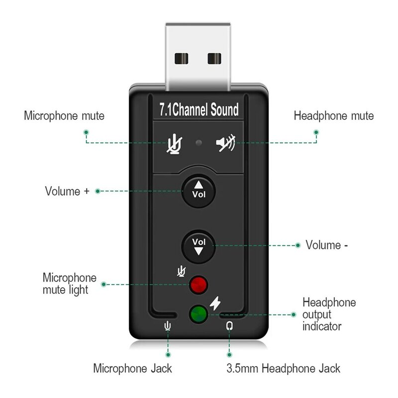 7.1 USB 사운드 카드 3.5mm 헤드폰 마이크 오디오 어댑터 스테레오 헤드셋은 데스크탑 노트북을위한 3D 사운드를 지원합니다