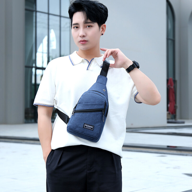 Male Fashion Outdoor Sports Chest Bags Men Nylon Double Zippers Shoulder Bag Solid Color Large Crossbody Bags with Earphone Hole