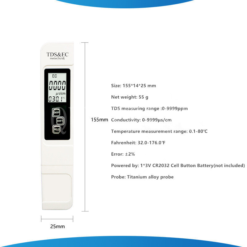 TDS EC Meter LCD Digital Water Quality Tester Range 0-9990ppm Multifunctional Water Purity Temperature Meter TEMP PPM Tester