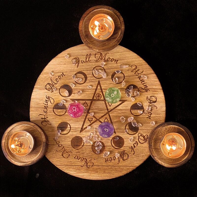Wooden Candle Holder Astrology Pentacle Altar Plate Divination Magic Candlestick