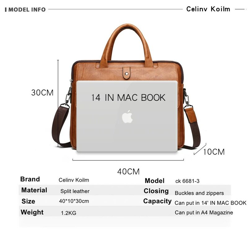 Celinv Koilm Man Briefcase Big Size 14 inches Laptop Bags Business Travel Handbag office Business Male Bag For A4 Files Tote bag