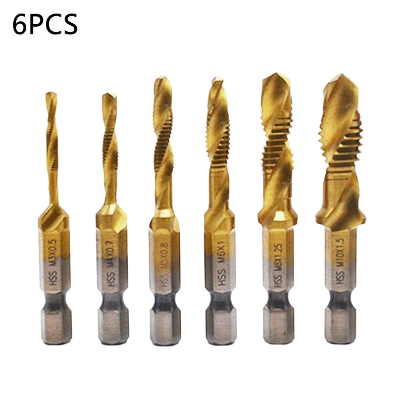 6pcs Twist Drill Bit Set 1/4 Hex Shank M3 M4 M5 M6 M8 M10 Titanium Coated HSS Drilling Tap Bit Thread Screw Tool for Soft Metal
