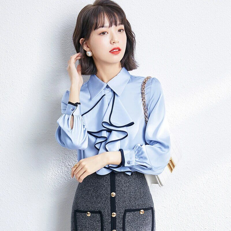 Blusa de seda coreana para mujer, camisa de satén para oficina, Vintage, con lazo, talla grande