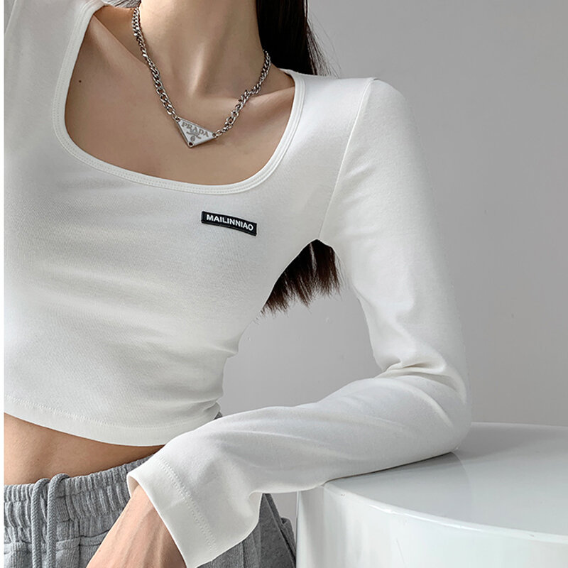 Autumn Labeling Long Sleeve T-shirt Women New Korean Skinny Cropped Tops Fashion Casual Square Collar Basic Tees Egirls