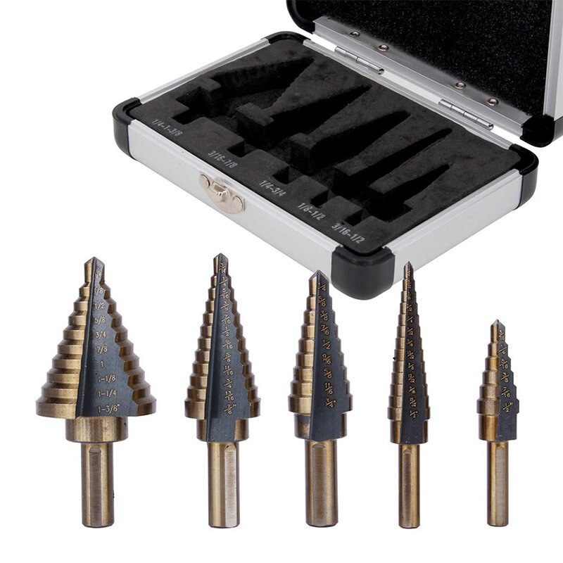 5pcs Step Drill Bit HSS Titanium Coated Straight Multiple Hole 50 Size Drill Bit for Metal Wood Plastic Sheet With Aluminum Case