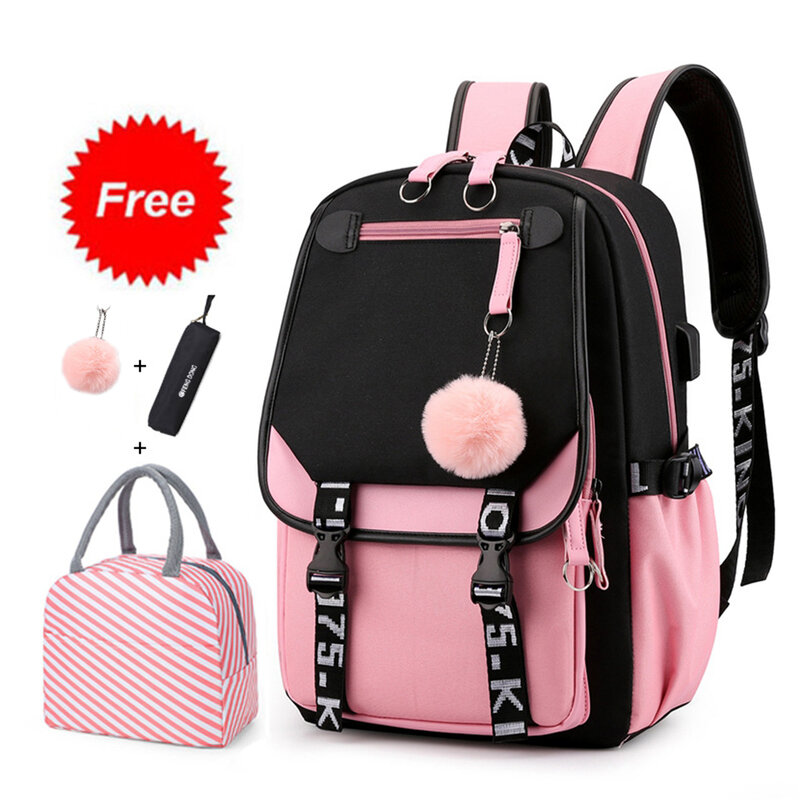 Школьный рюкзак для девочек-подростков с USB-портом для зарядки, сумка для ноутбука 15,6 дюйма, водостойкая нейлоновая школьная сумка, новинка ...