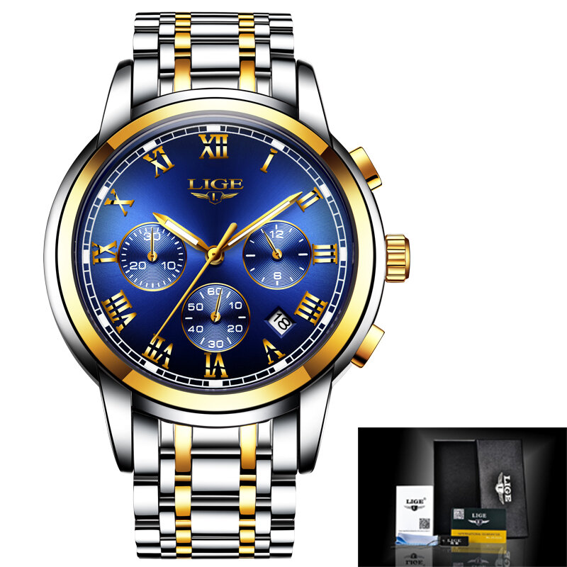 Lige-relógio masculino luxuoso com cronógrafo, à prova d'água, aço, quartzo, marca superior