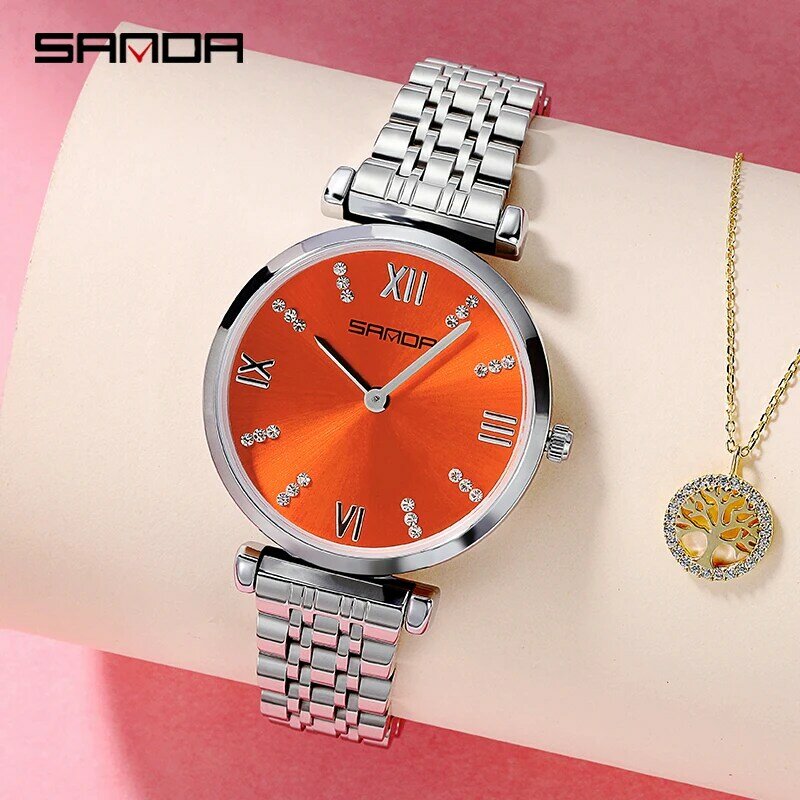 Sanda relógio feminino pulseira de marca famosa, relógio de pulso em aço inoxidável com design de luxo para mulheres