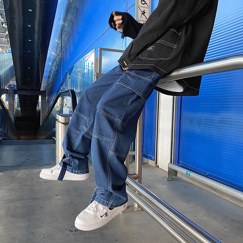 Calças de brim dos homens calças de brim largas calças de brim soltas em linha reta folgado calças de brim streetwear calças de skate hip hop calças de brim de carga neutras