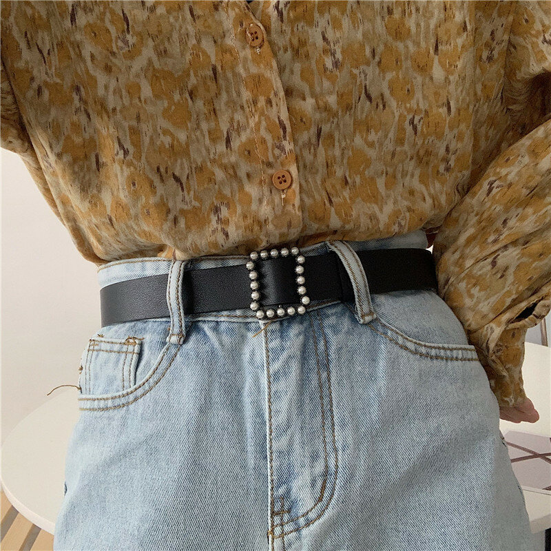 Корейский жемчуг без отверстий Женский Черный Модный Универсальный простой джинсовый ремень украшение Ins стиль