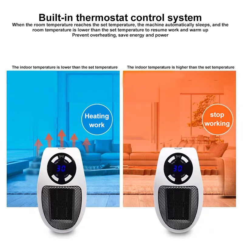 Portable Electric Heater Plug In Wall Heater Room Heating Stove Household Radiator Remote Warmer Machine 500W Device