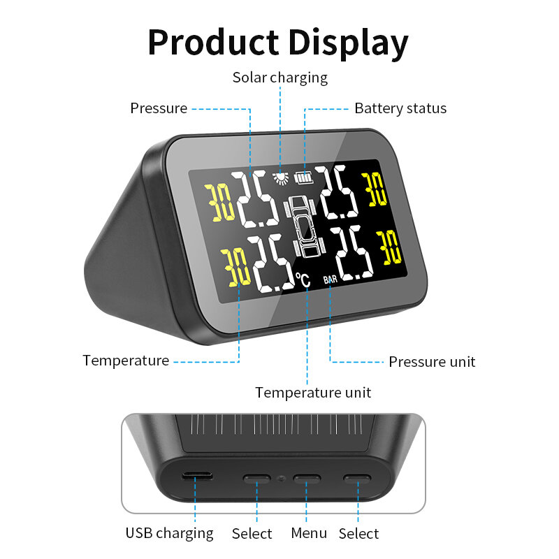 2021 대형 스크린 새로운 무선 TPMS 태양 광 발전 지능형 조정 가능한 LCD 화면 4 타이어 스마트 자동차 타이어 압력 모니터 시스템
