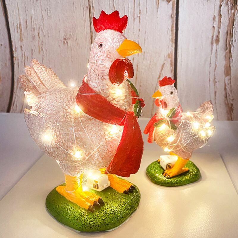 Pollo iluminado con bufanda, adorno navideño de resina con 20 luces LED para jardín, césped, decoración interior al aire libre