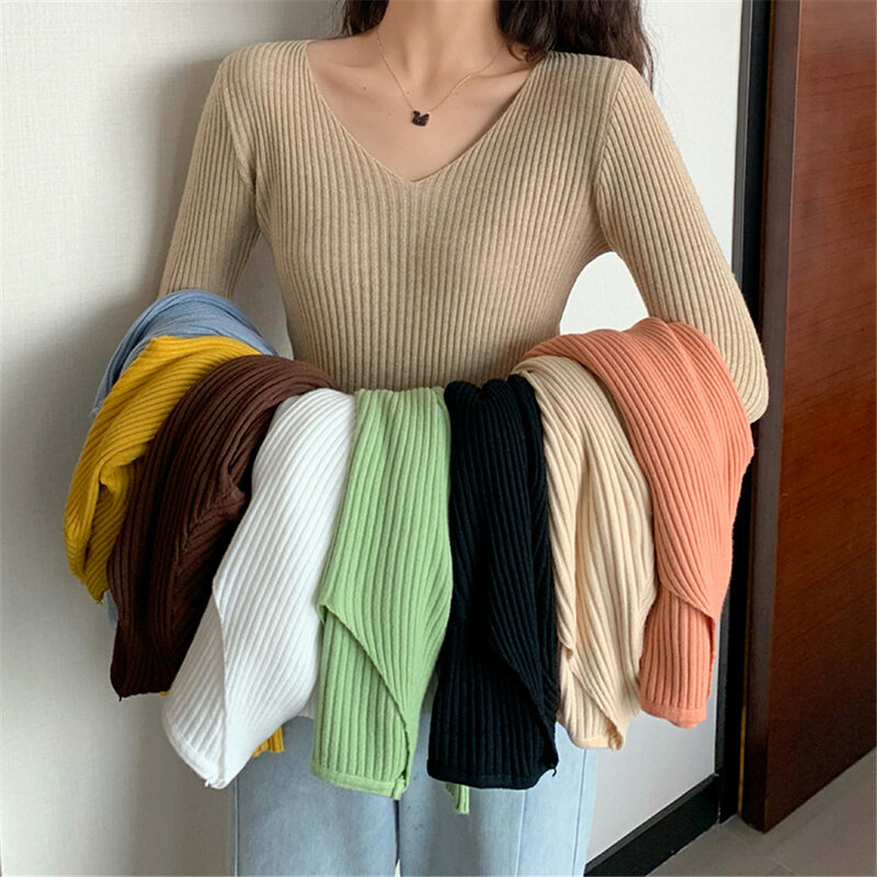 2021 grund V-ausschnitt Solide Herbst Winter Pullover Frauen Weibliche Gestrickte Rippen Pullover Schlank Lange Hülse Hohe Qualität Pullover