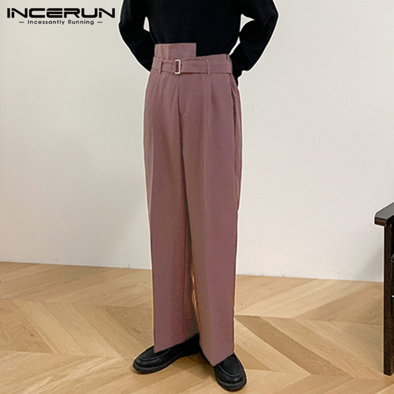 Męskie proste spodnie solidne spodnie z wysokim stanem moda nieregularny pas Pantalon INCERUN męska z zamkiem błyskawicznym spodnie z paskami S-5XL 7