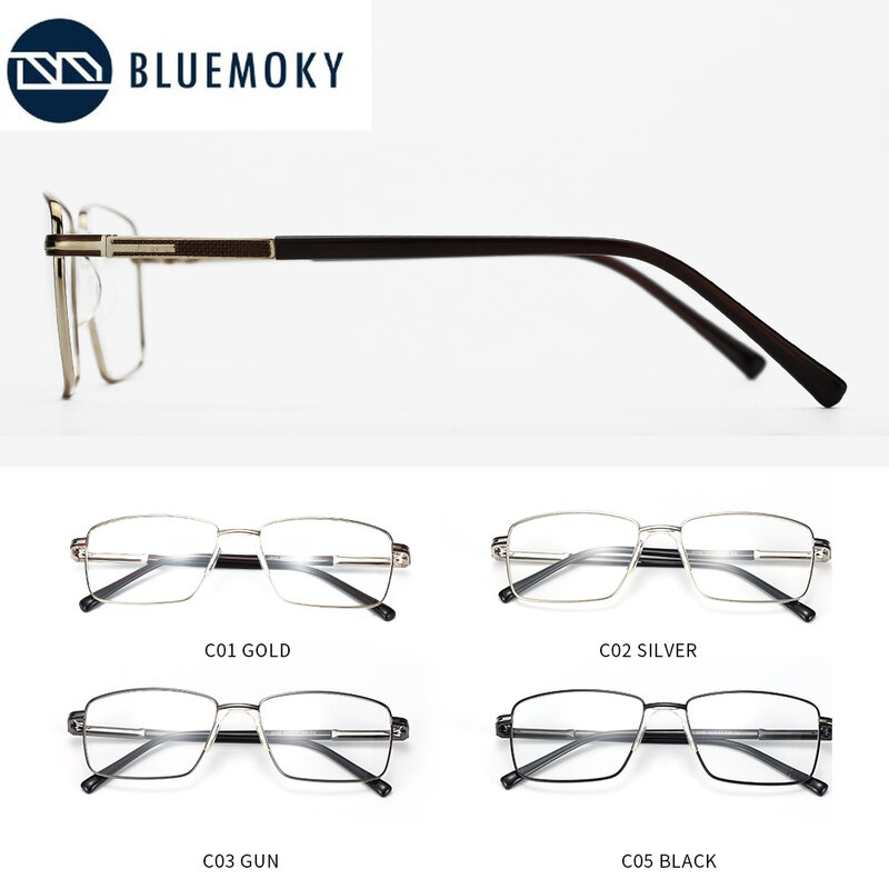 Bluemoky óculos de grau quadrado, óculos de metal ultraleve para prescrição, armação com luz azul e ótica fotocromática para miopia