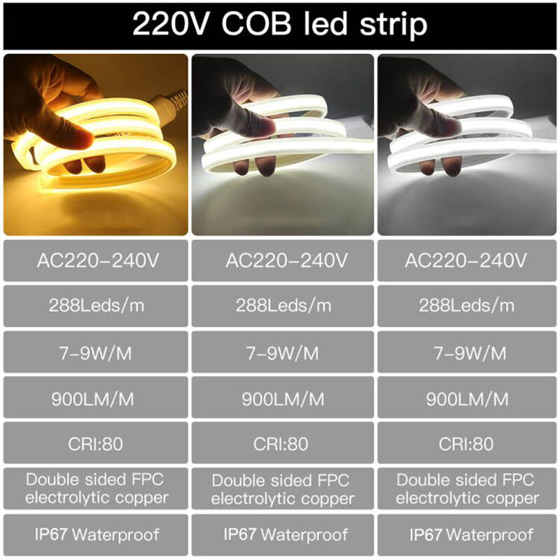 AC 220V 110V COB LED Strip Light High Density 288LEDs Flexible LED Tape IP67 Waterproof LED Rope Light Ribbon 3000K 4000K 6000K