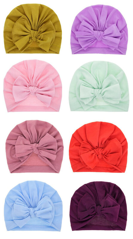 Indah Musim Dingin Warna Solid Tebal Baru Lahir Topi Anak Laki-laki Anak Perempuan Katun Lembut Big Busur Sorban Topi Topi Padatan Baby Shower Alat Peraga