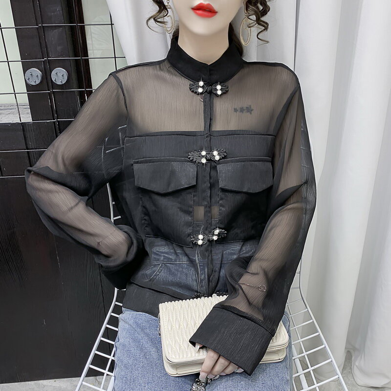 여성용 블라우스, 2021 년 신제품 빈티지 매듭 버튼 다이아몬드 루즈 쉬폰 선 스크린 셔츠