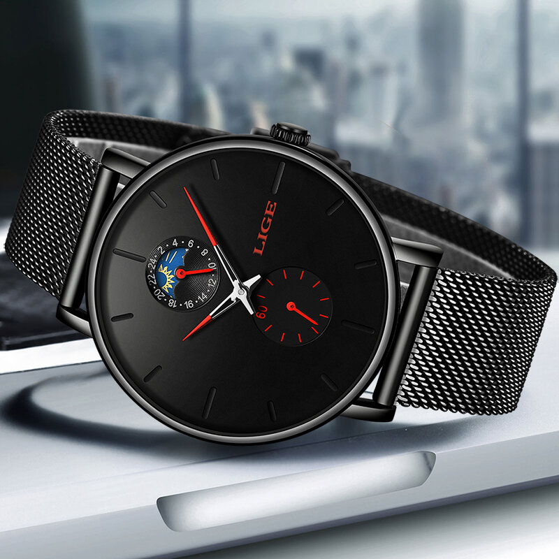 LIGE クォーツ腕時計メンズカジュアル赤防水時計ステンレス鋼超薄型男性時計 24 時間時計 Relogios Masculino 2019