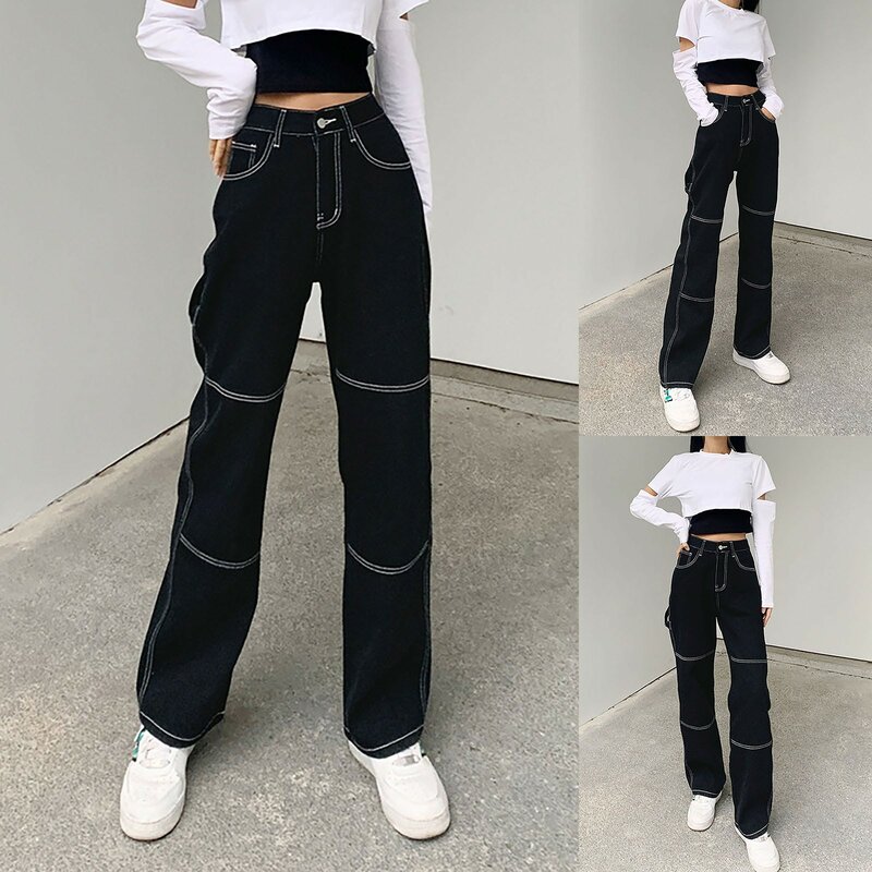 Calça jeans feminina de cintura alta folgada, peça longa para mulheres, estilo punk, outono 2021