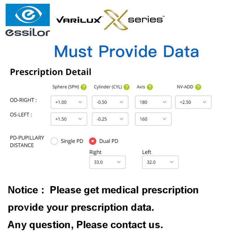 Varilux X Serie Multifocalเลนส์1.50 1.59 1.60 1.67 1.74 Progressiveเลนส์แว่นตา1คู่ (Full Prescriptionข้อมูลที่จำเป็น)
