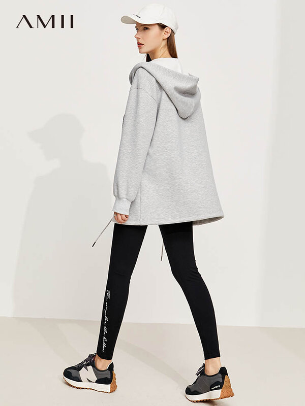Amii minimalismo jaquetas para mulheres casual com capuz zíper solto casaco moda bolsos esporte jaqueta outono feminino outwear 12130429