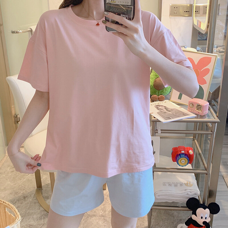 Damska bawełniana piżama różowa koszulka niebieskie spodnie prosta luźna krótka rękaw dwuczęściowy garnitur świeży letni cienki Homewear