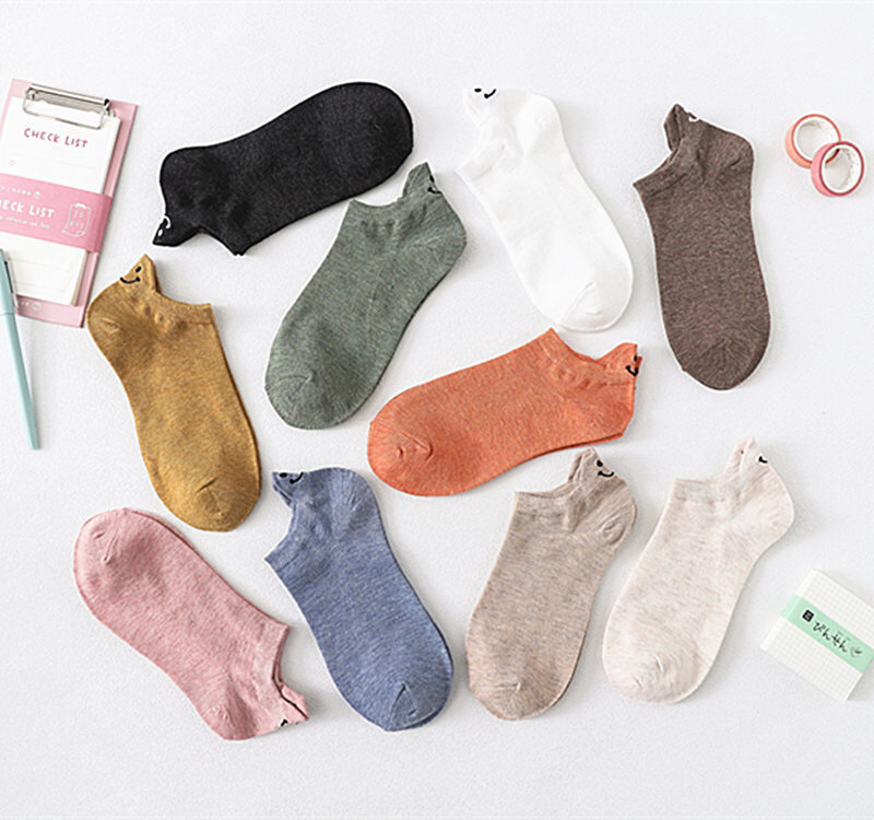 10 Pairs Spring Summer Female Socks Japanese Lovely Personality Heel Embroidered Smiling Face Lovers Solid Cotton Ankle Socks