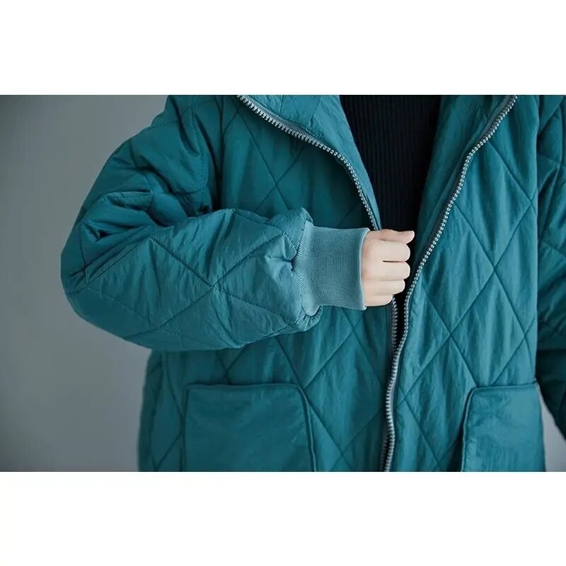 Inverno lingge algodão vestuário casaco plus size acolchoado jaqueta feminina nova meia-comprimento coreano solto casual quente com capuz bolsos casaco