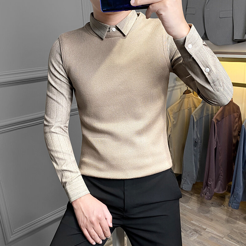 Homens outono inverno 2021 top slim de malha casual blusas masculinas suéter falso de duas peças tops masculino patchwork quentes pulôveres o133