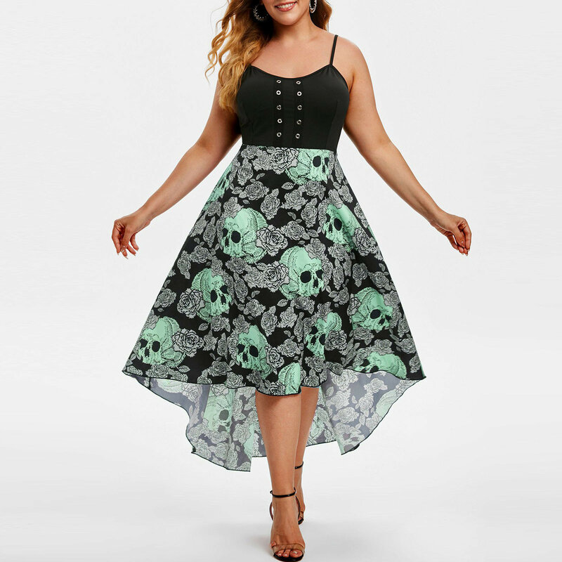 ファッションドレス夏2021プラスサイズの女性の花プリントノースリーブグロメット花スカルプリント高値安値パーティードレス