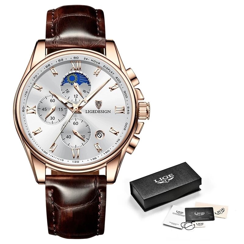 LIGE – montre-bracelet en cuir pour hommes, nouvelle marque, décontractée, à Quartz, calendrier, Sport, étanche, chronographe