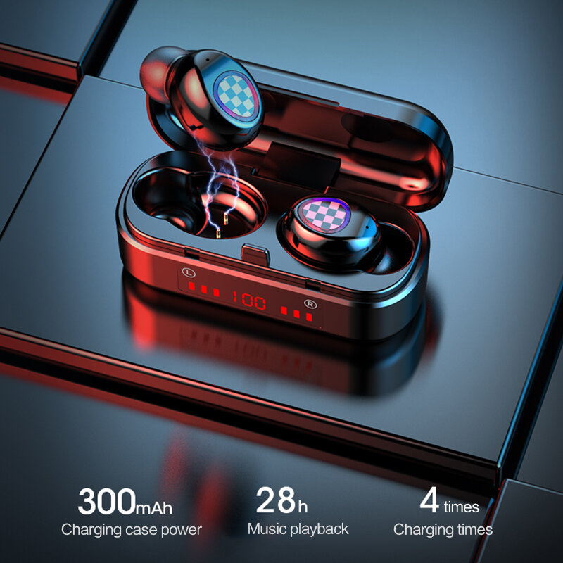 V7-Bluetooth 5.0ワイヤレスヘッドセット,LEDディスプレイと充電ボックス付きイヤホン,300mahスポーツゲーム,hi-fiミュージックヘッドセット