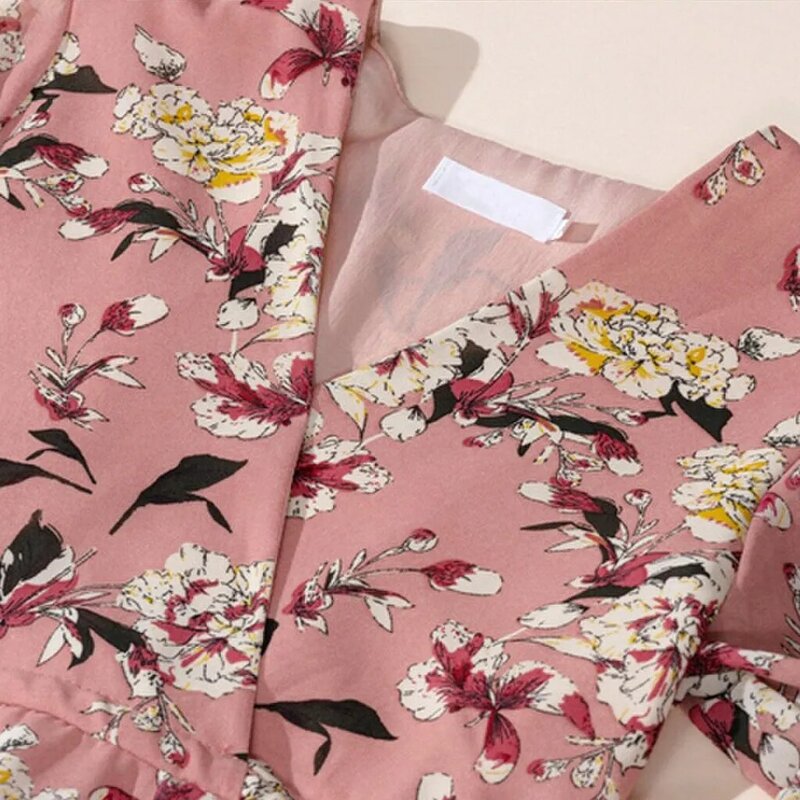 Vestido Casual Mini vestidos de moda de gasa de la impresión Floral de manga corta con cuello en V fiesta Vestido de playa para sol Vestito